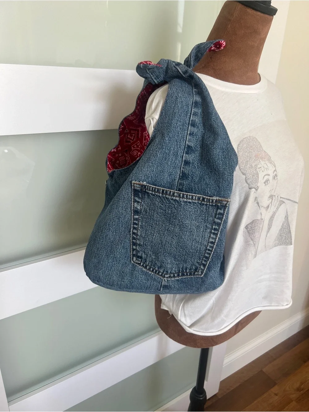 Upcycled Denim Hobo Bag | Bandana Lined Handmade